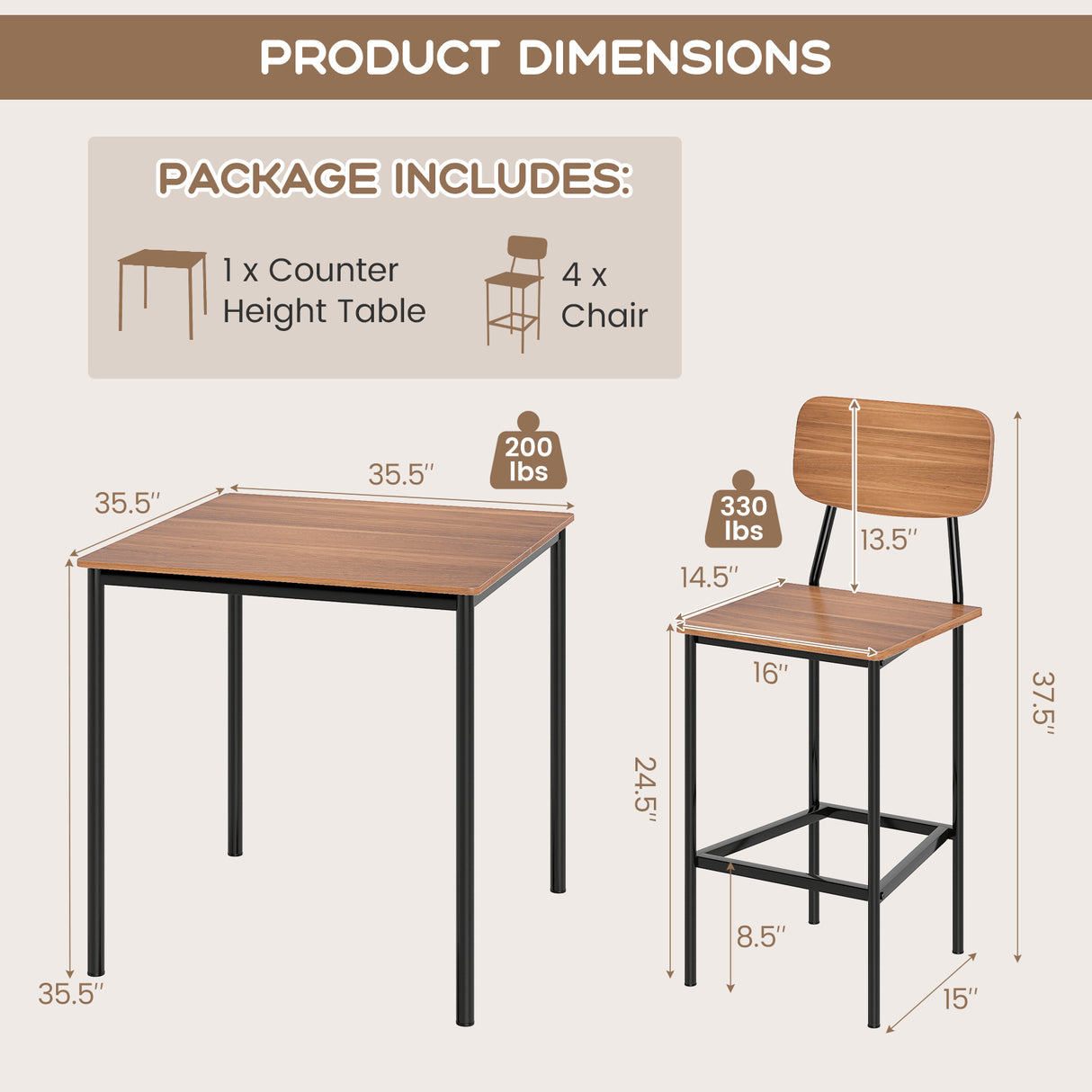 5-Piece Industrial Dining Table Set with Counter Height Table and 4 Bar Stools-Teak