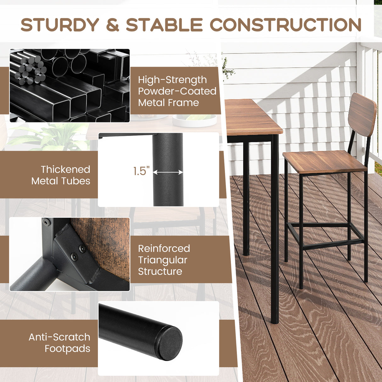5-Piece Industrial Dining Table Set with Counter Height Table and 4 Bar Stools-Teak