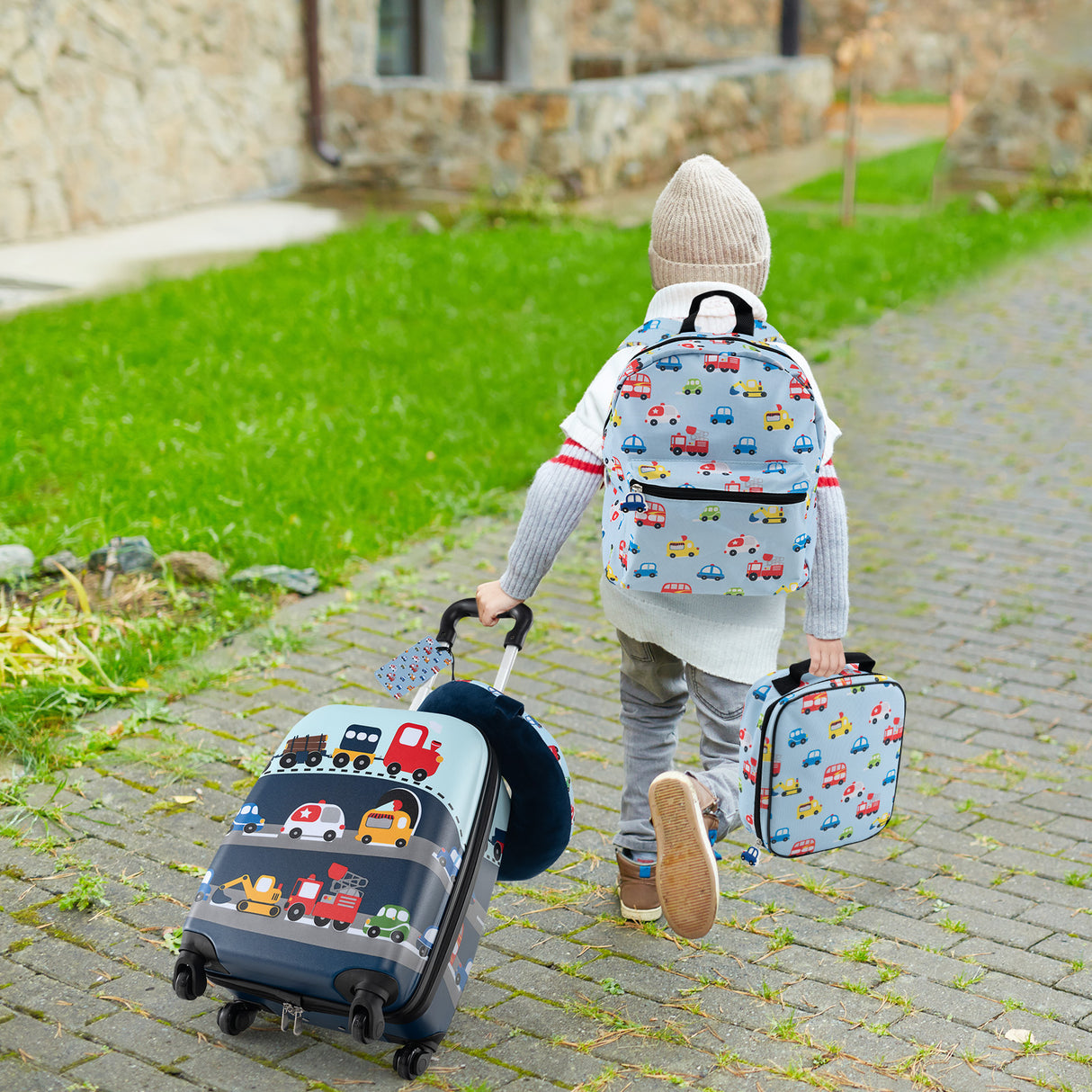 5 Piece Kids Luggage Set with Backpack Neck Pillow Name Tag Lunch Bag-Blue