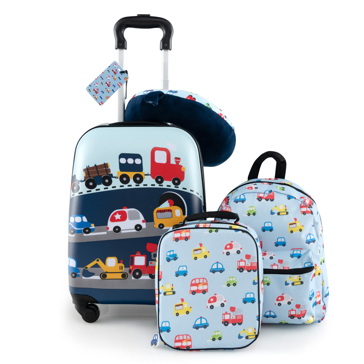 5 Piece Kids Luggage Set with Backpack Neck Pillow Name Tag Lunch Bag-Blue