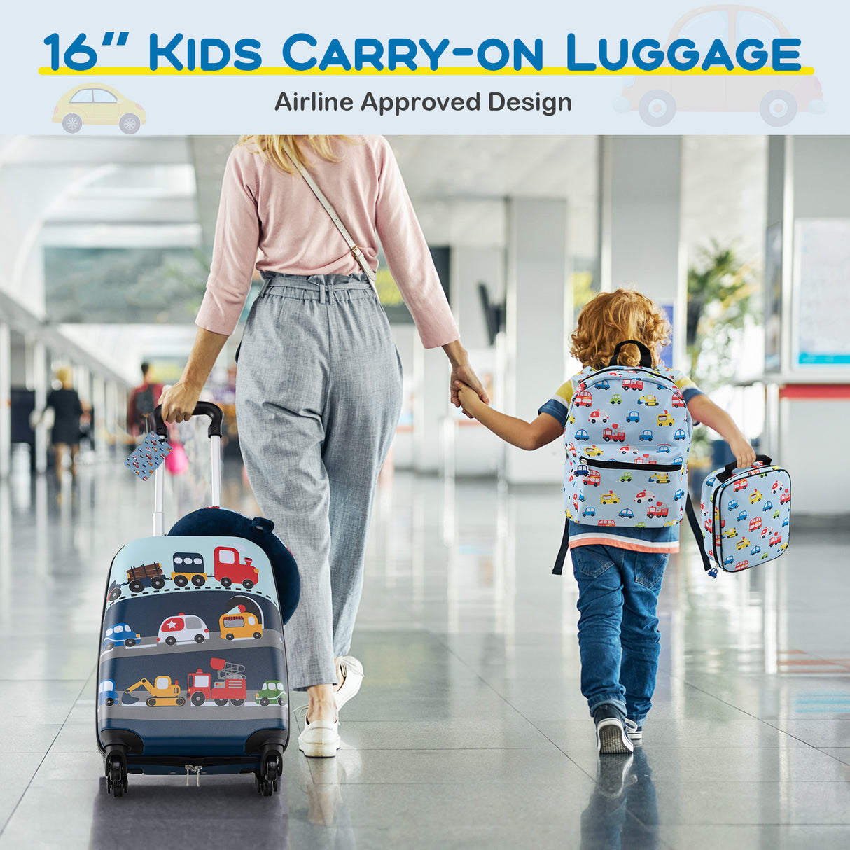 5 Piece Kids Luggage Set with Backpack Neck Pillow Name Tag Lunch Bag-Blue