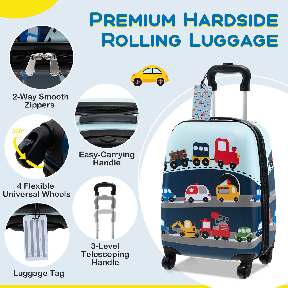 5 Piece Kids Luggage Set with Backpack Neck Pillow Name Tag Lunch Bag-Blue