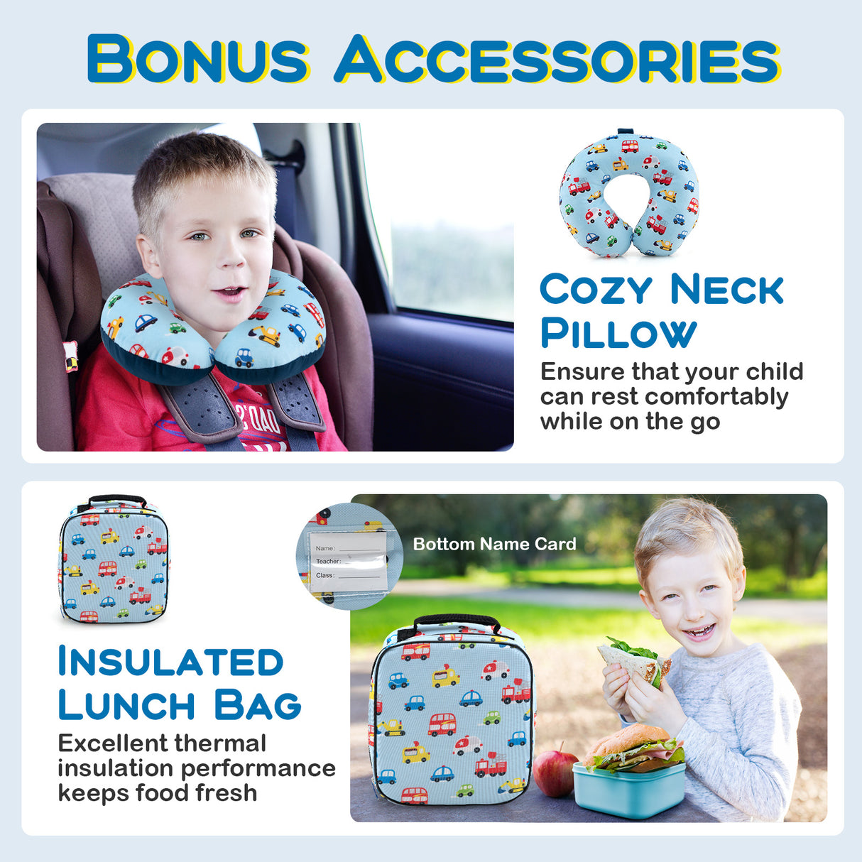 5 Piece Kids Luggage Set with Backpack Neck Pillow Name Tag Lunch Bag-Blue