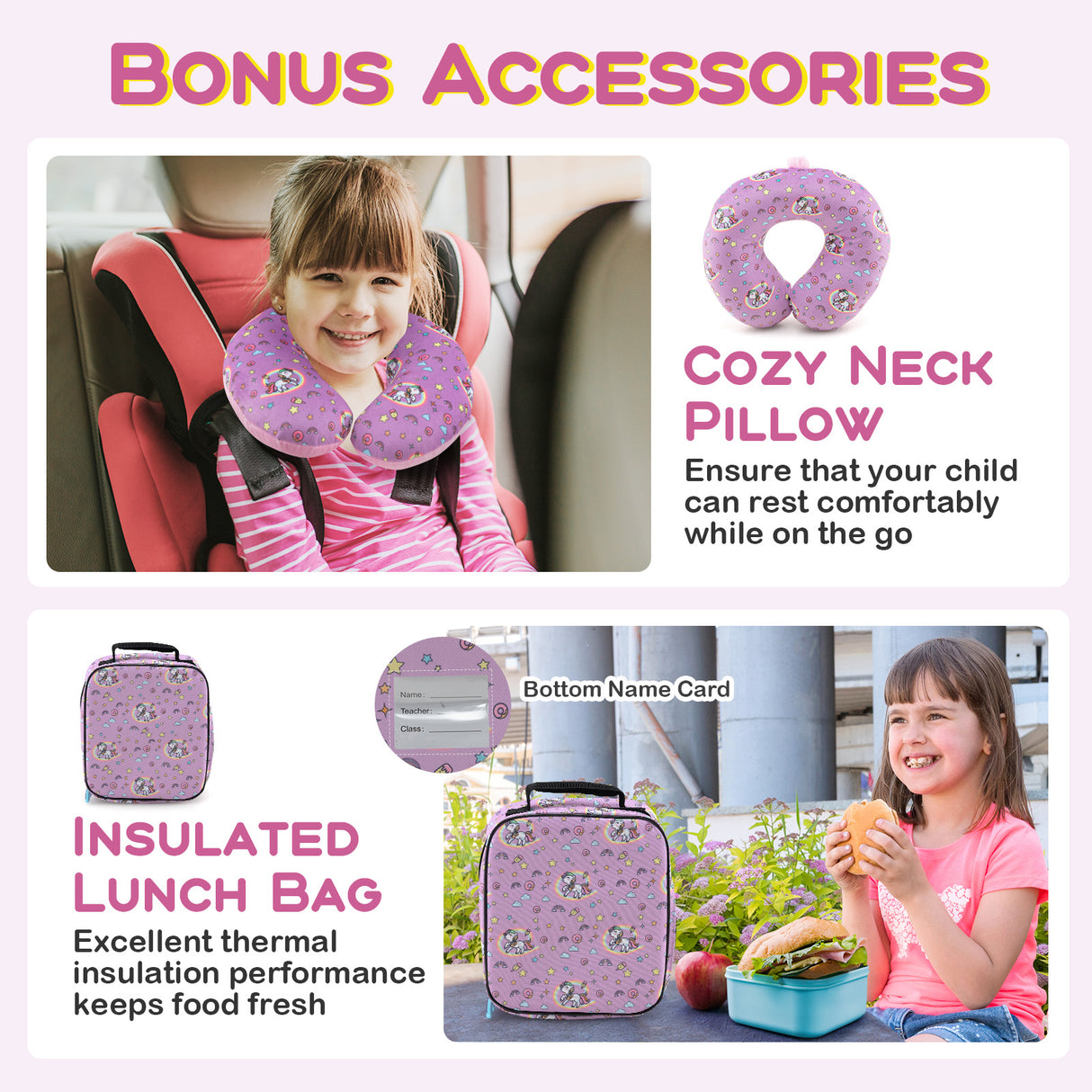 5 Piece Kids Luggage Set with Backpack Neck Pillow Name Tag Lunch Bag-Hot Pink
