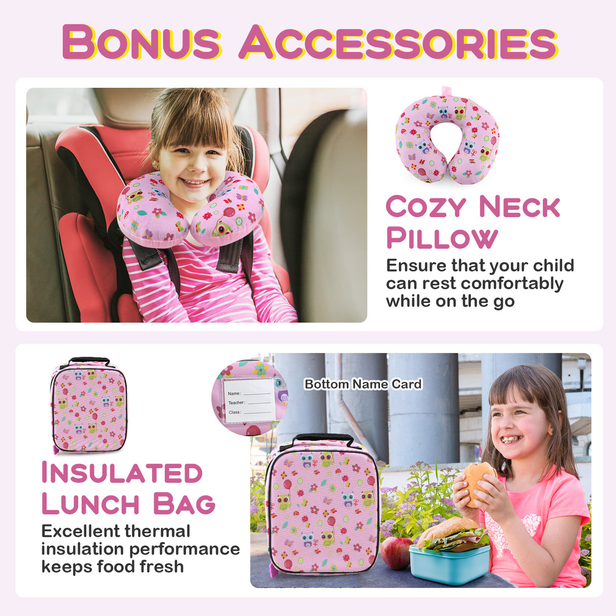5 Piece Kids Luggage Set with Backpack Neck Pillow Name Tag Lunch Bag-Pink