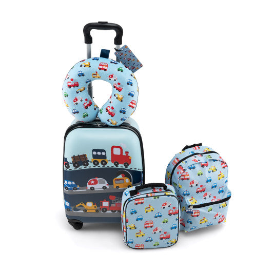 5 Piece Kids Luggage Set with Backpack Neck Pillow Name Tag Lunch Bag-Blue