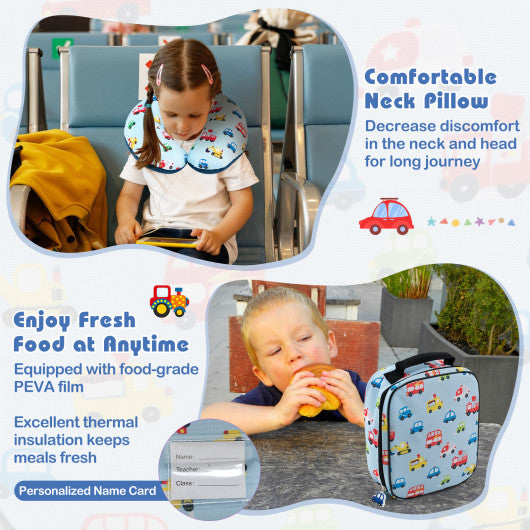 5 Piece Kids Luggage Set with Backpack Neck Pillow Name Tag Lunch Bag-Blue