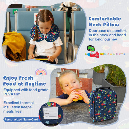 5 Piece Kids Luggage Set with Backpack Neck Pillow Name Tag Lunch Bag-Dark Blue