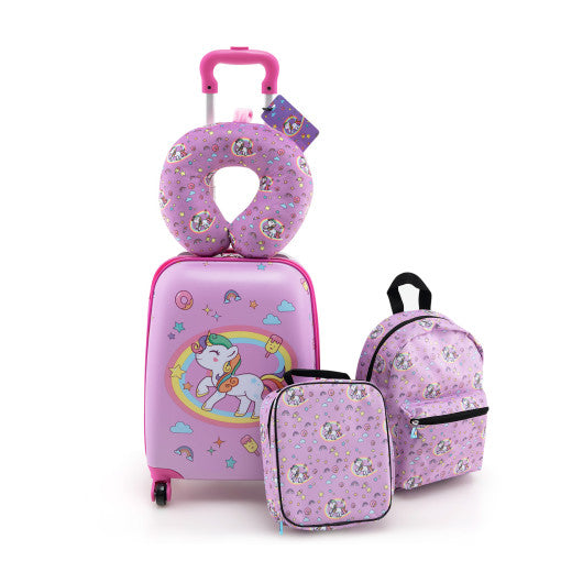 5 Piece Kids Luggage Set with Backpack Neck Pillow Name Tag Lunch Bag-Hot Pink