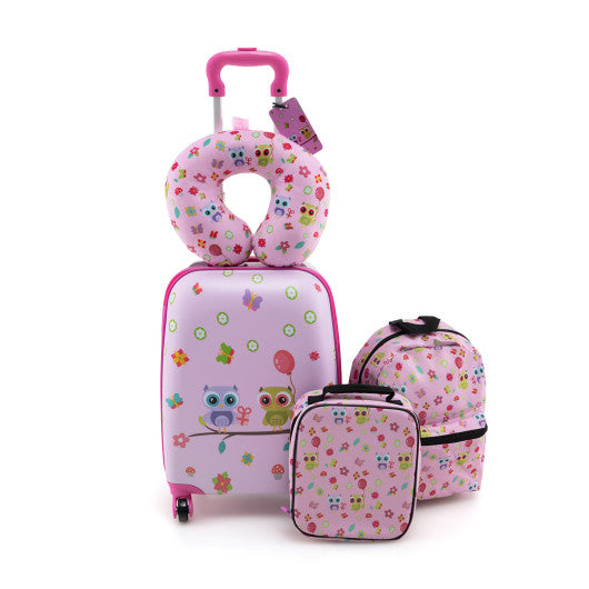 5 Piece Kids Luggage Set with Backpack Neck Pillow Name Tag Lunch Bag-Pink