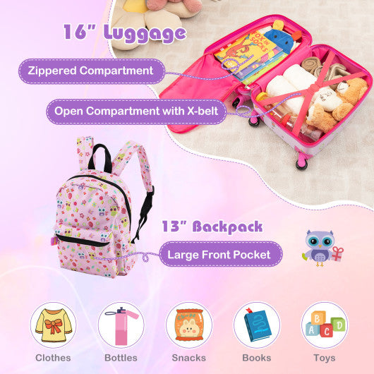 5 Piece Kids Luggage Set with Backpack Neck Pillow Name Tag Lunch Bag-Pink