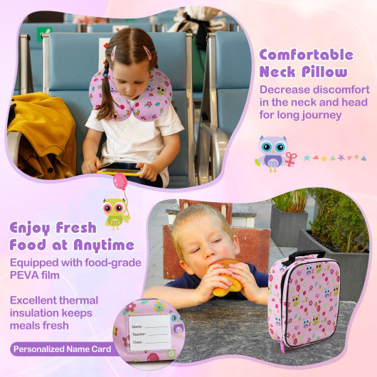 5 Piece Kids Luggage Set with Backpack Neck Pillow Name Tag Lunch Bag-Pink