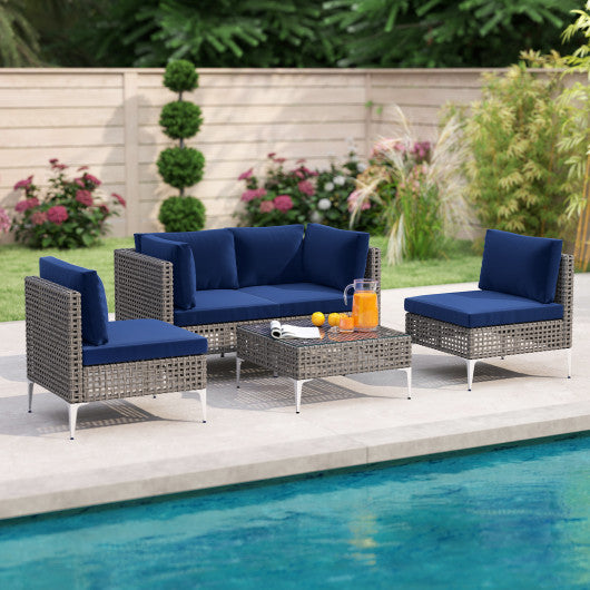 5 Piece Outdoor Furniture Set Patio Rattan Chairs with Tempered Glass Coffee Table-Navy