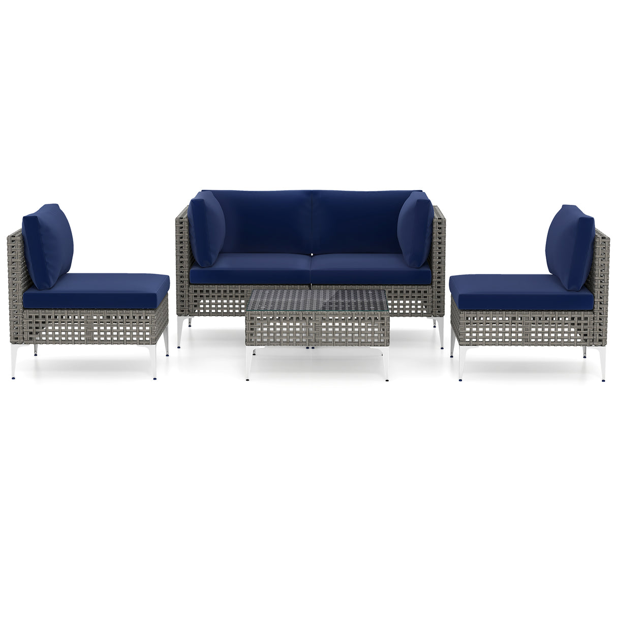 5 Piece Outdoor Furniture Set Patio Rattan Chairs with Tempered Glass Coffee Table-Navy