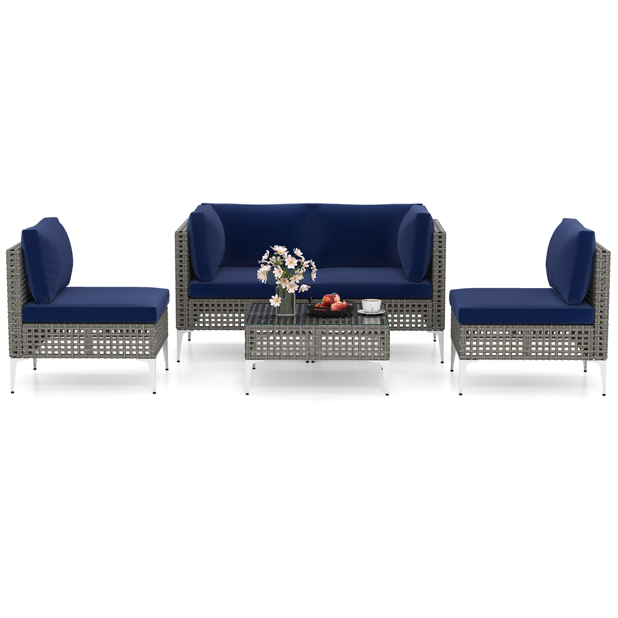 5 Piece Outdoor Furniture Set Patio Rattan Chairs with Tempered Glass Coffee Table-Navy