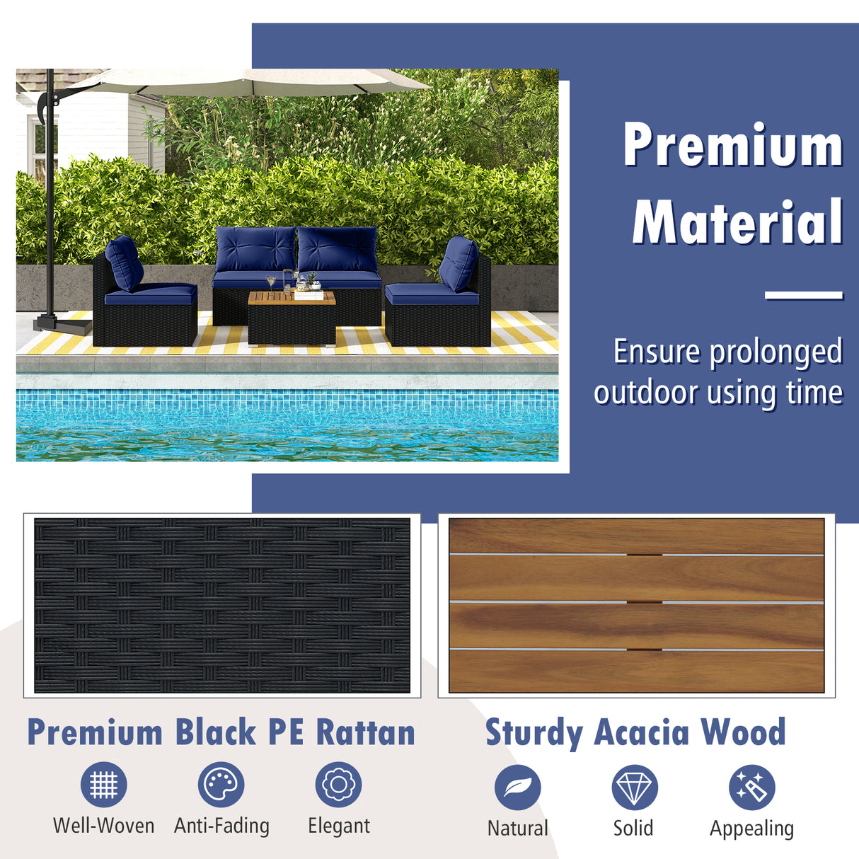 5 Piece Outdoor Furniture Set with Solid Tabletop and Soft Cushions-Navy
