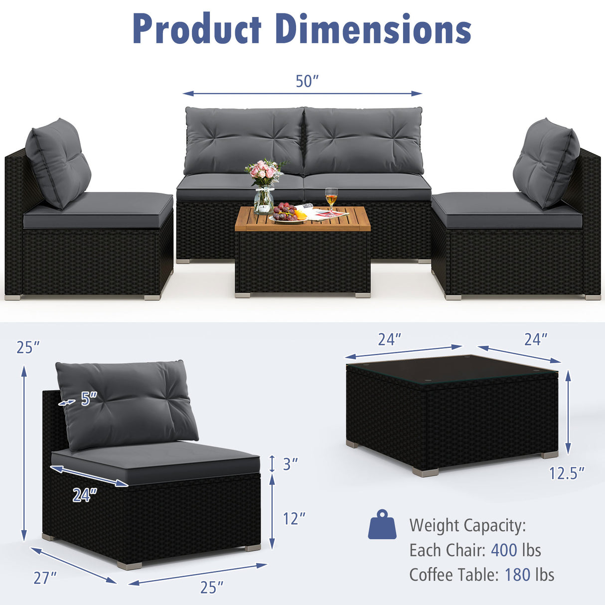 5 Piece Outdoor Furniture Set with Solid Tabletop and Soft Cushions-Gray