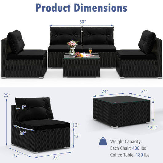 5-Piece Outdoor Patio Furniture Set with Cushions and Coffee Table-Black