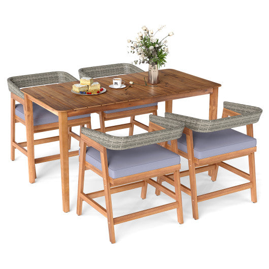 5 Piece Patio Dining Set Solid Wood with Rattan Backrest and Cushions