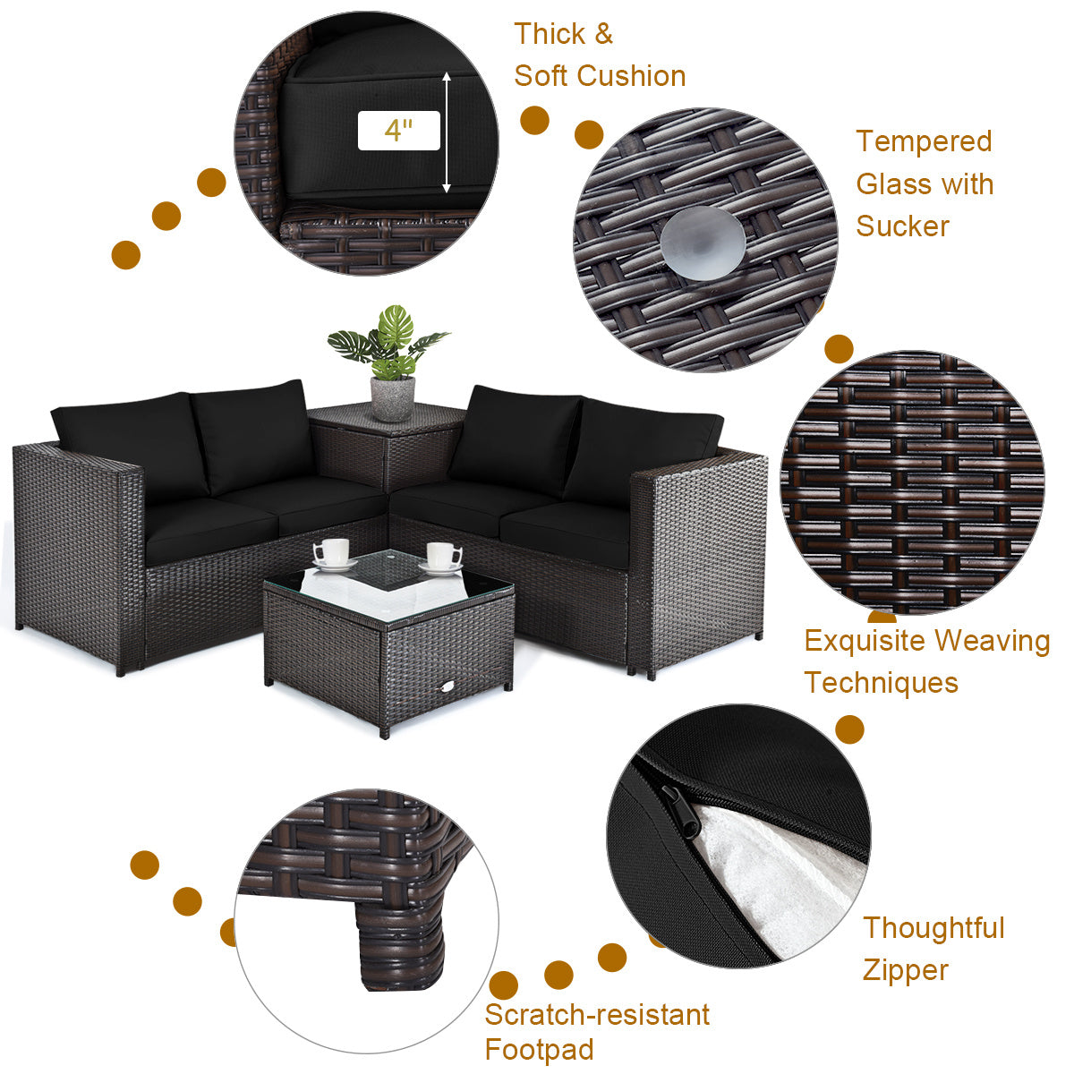 5 Piece Patio Furniture Set with 50000 BTU Propane Fire Pit Table-Black