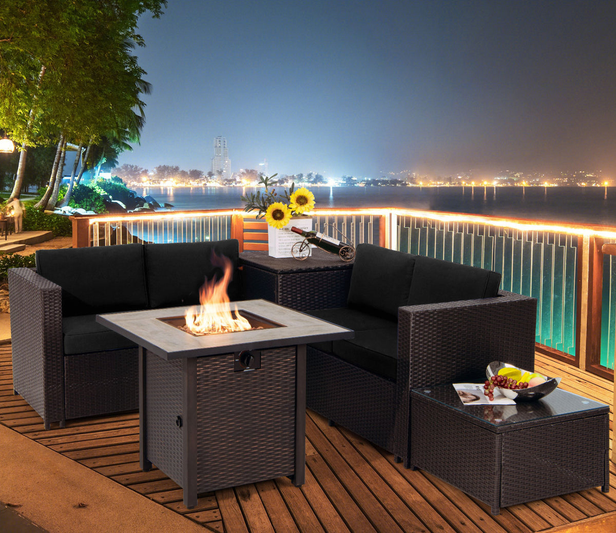 5-Piece Patio Furniture Set with 30 Inches Gas Fire Pit Table Outdoor PE Wicker Sofa Set-Black