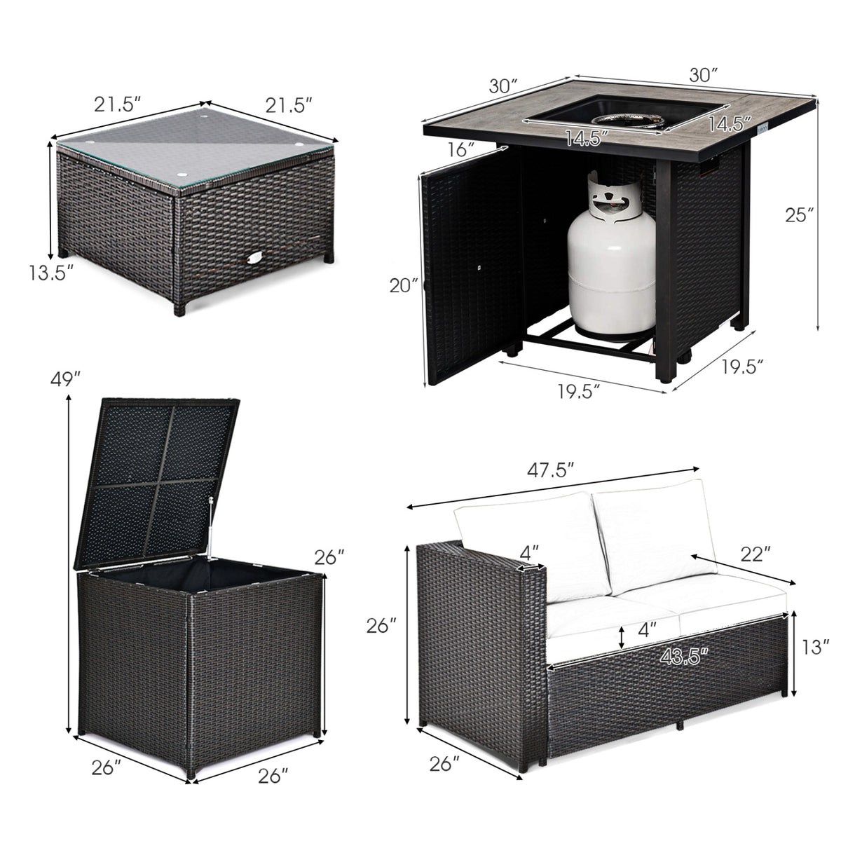 5-Piece Patio Furniture Set with 30 Inches Gas Fire Pit Table Outdoor PE Wicker Sofa Set-Black
