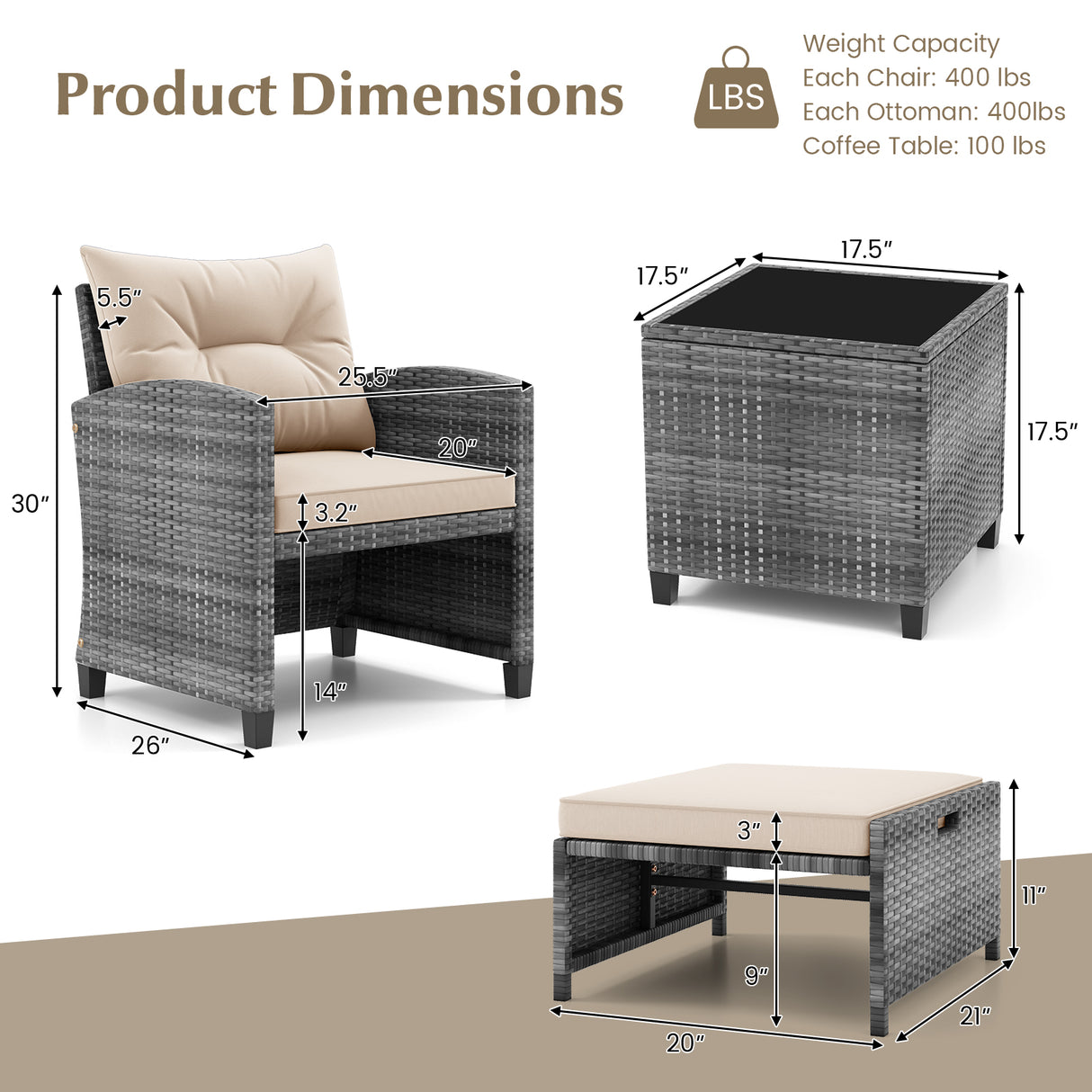 5 Piece Patio Rattan Furniture with 2 Ottomans and Tempered Glass Coffee Table-Beige