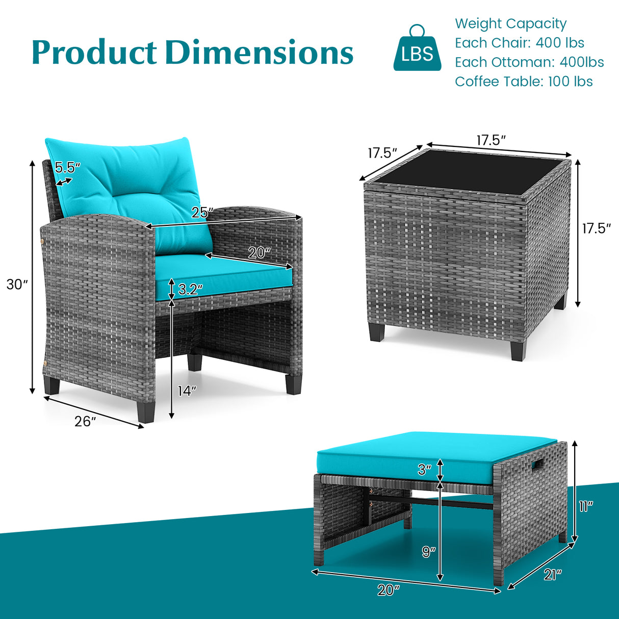 5 Piece Patio Rattan Furniture with 2 Ottomans and Tempered Glass Coffee Table-Turquoise