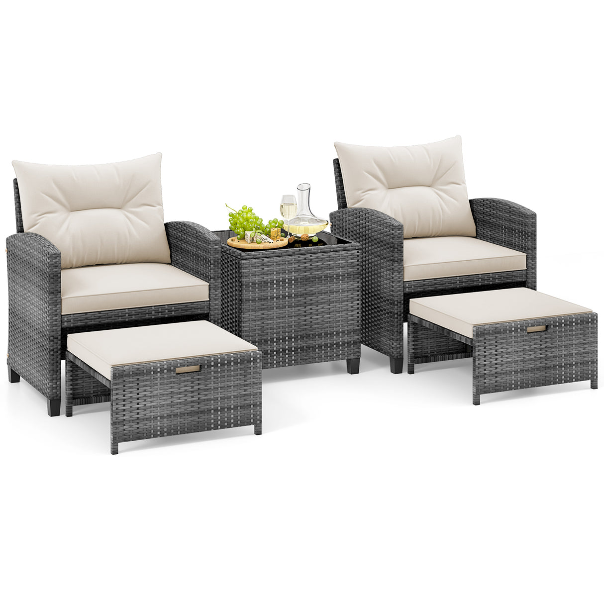5 Piece Patio Rattan Furniture with 2 Ottomans and Tempered Glass Coffee Table-White