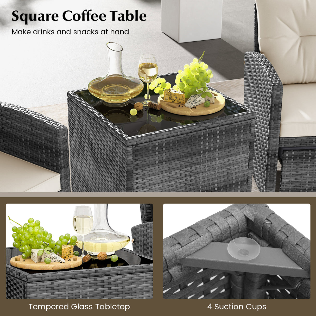 5 Piece Patio Rattan Furniture with 2 Ottomans and Tempered Glass Coffee Table-White