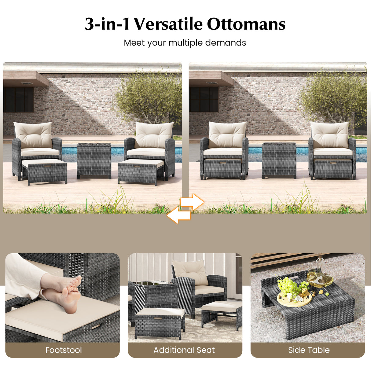 5 Piece Patio Rattan Furniture with 2 Ottomans and Tempered Glass Coffee Table-White