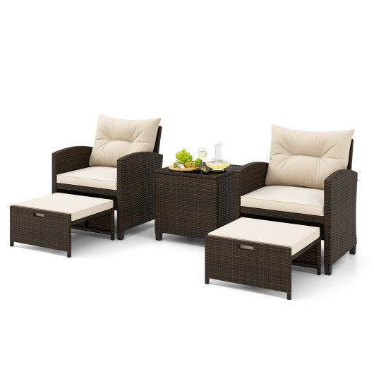 5 Pieces Patio Rattan Furniture with 2 Ottomans and Tempered Glass Coffee Table-Off White