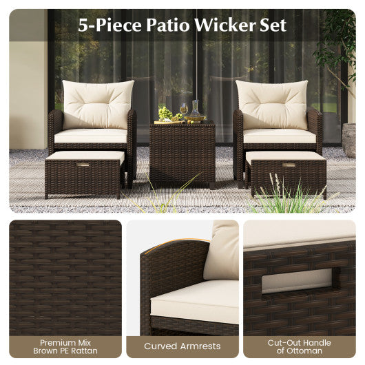 5 Pieces Patio Rattan Furniture with 2 Ottomans and Tempered Glass Coffee Table-Off White