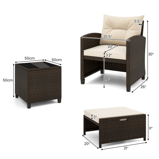5 Pieces Patio Rattan Furniture with 2 Ottomans and Tempered Glass Coffee Table-Off White