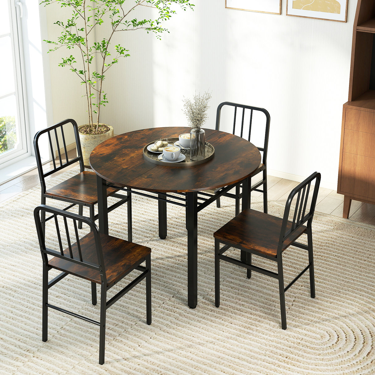 5-Piece Round Dining Table Set with Storage Shelf for Dining Room-Rustic Brown