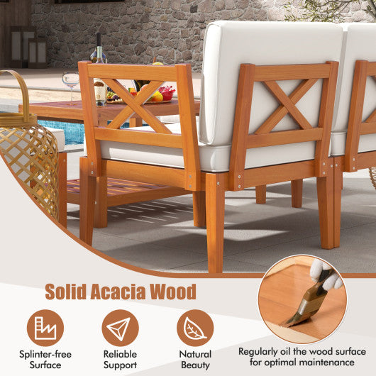 5 Pieces Acacia Wood Patio Furniture Set Outdoor Sectional Conversation Set with Cushions-Off White
