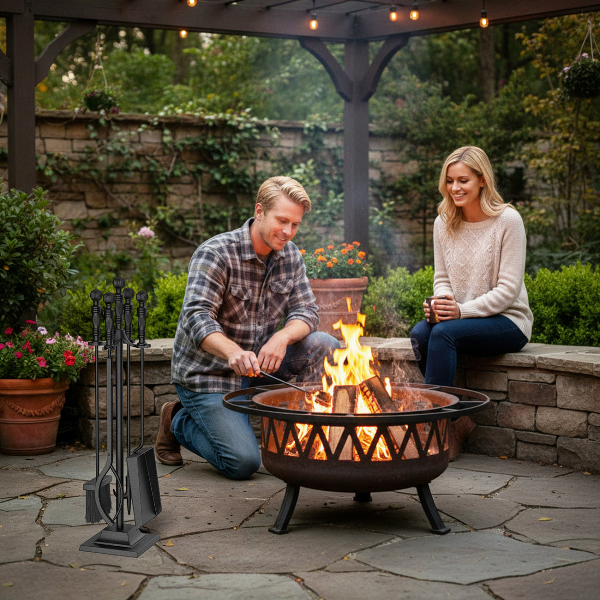 5-Pieces Fireplace Tool Set Indoor Outdoor Fire Place Set Tools with Aluminum Handles