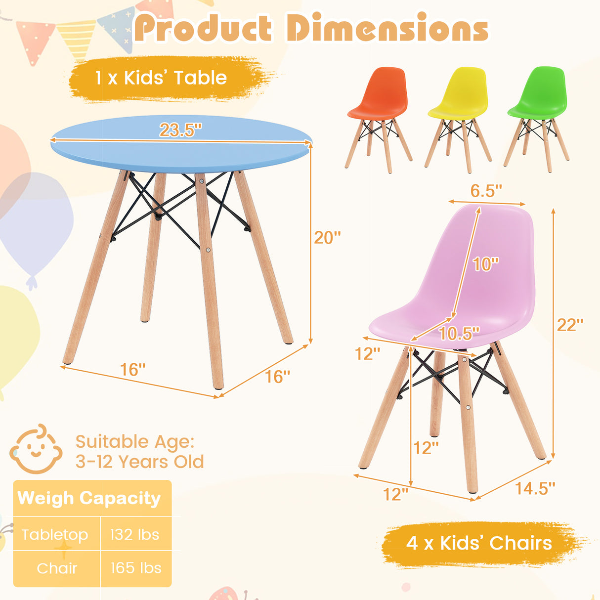 5 Pieces Kid's Colorful Set with 4 Armless Chairs-Multicolor