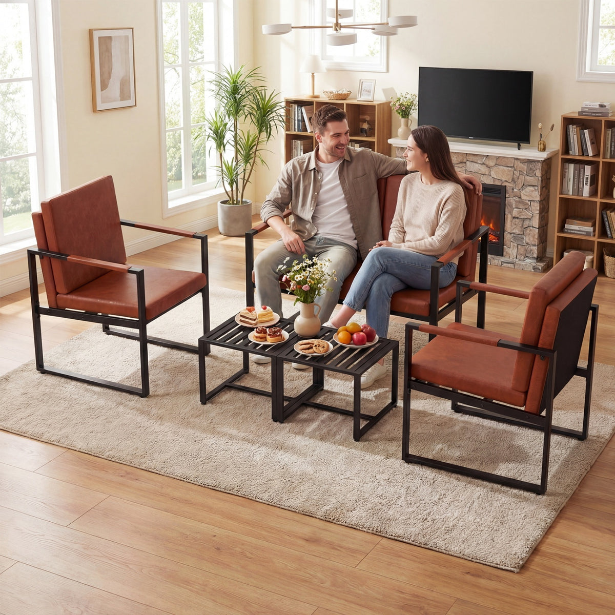 5 Pieces Living Room Set with 2 Accent Chairs and 2 Coffee Tables-Brown