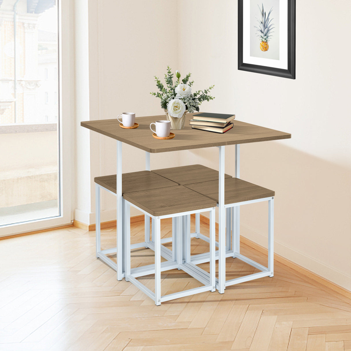 5 Pieces Metal Frame Dining Set with Compact Dining Table and 4 Stools-Walnut