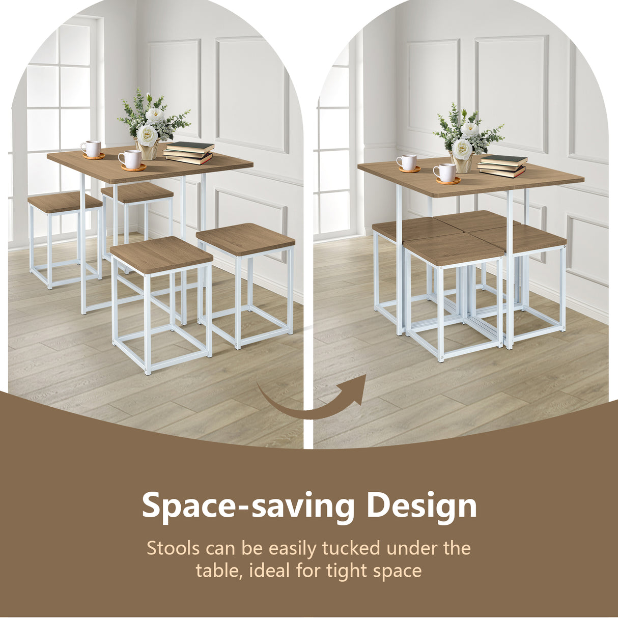 5 Pieces Metal Frame Dining Set with Compact Dining Table and 4 Stools-Walnut