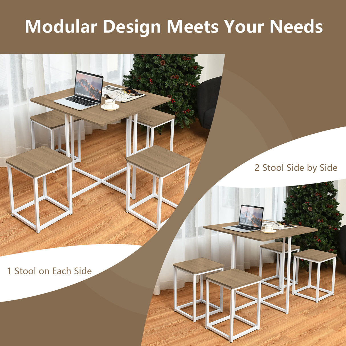 5 Pieces Metal Frame Dining Set with Compact Dining Table and 4 Stools-Walnut