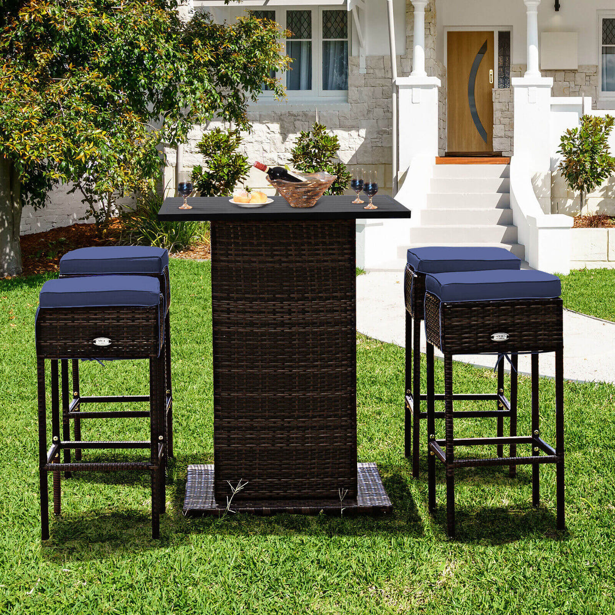 5 Pieces Patio Rattan Bar Table Stool Set Hidden Storage Shelf Cushioned-White