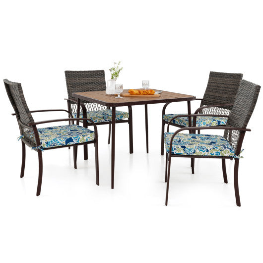 5 Pieces Patio Dining Set 4 Cushioned Rattan Armchairs and Square Table