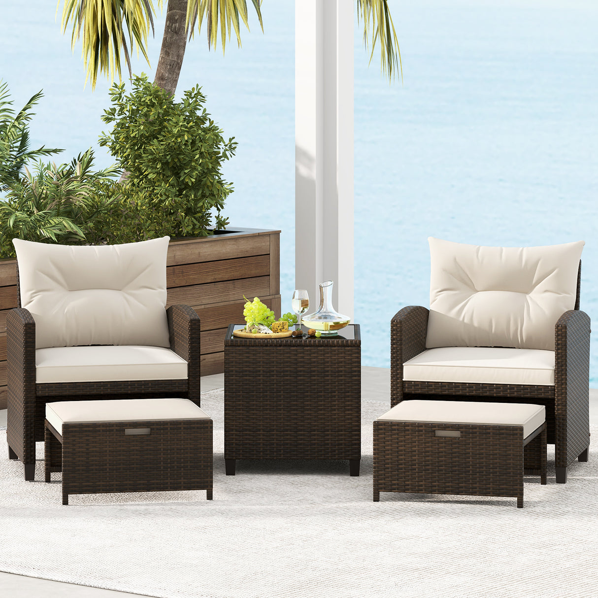 5 Pieces Patio Rattan Furniture with 2 Ottomans and Tempered Glass Coffee Table-Off White