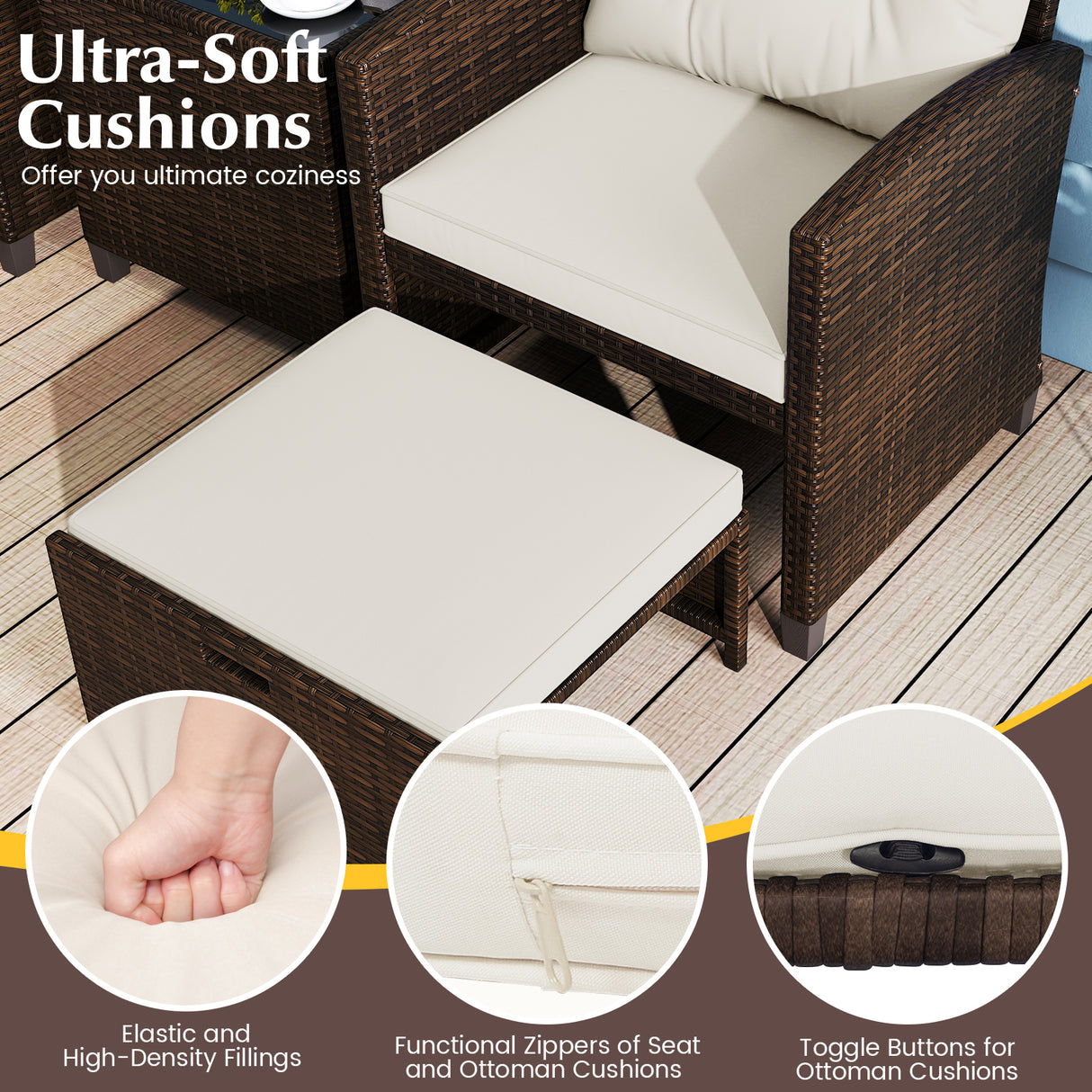 5 Pieces Patio Rattan Furniture with 2 Ottomans and Tempered Glass Coffee Table-Off White
