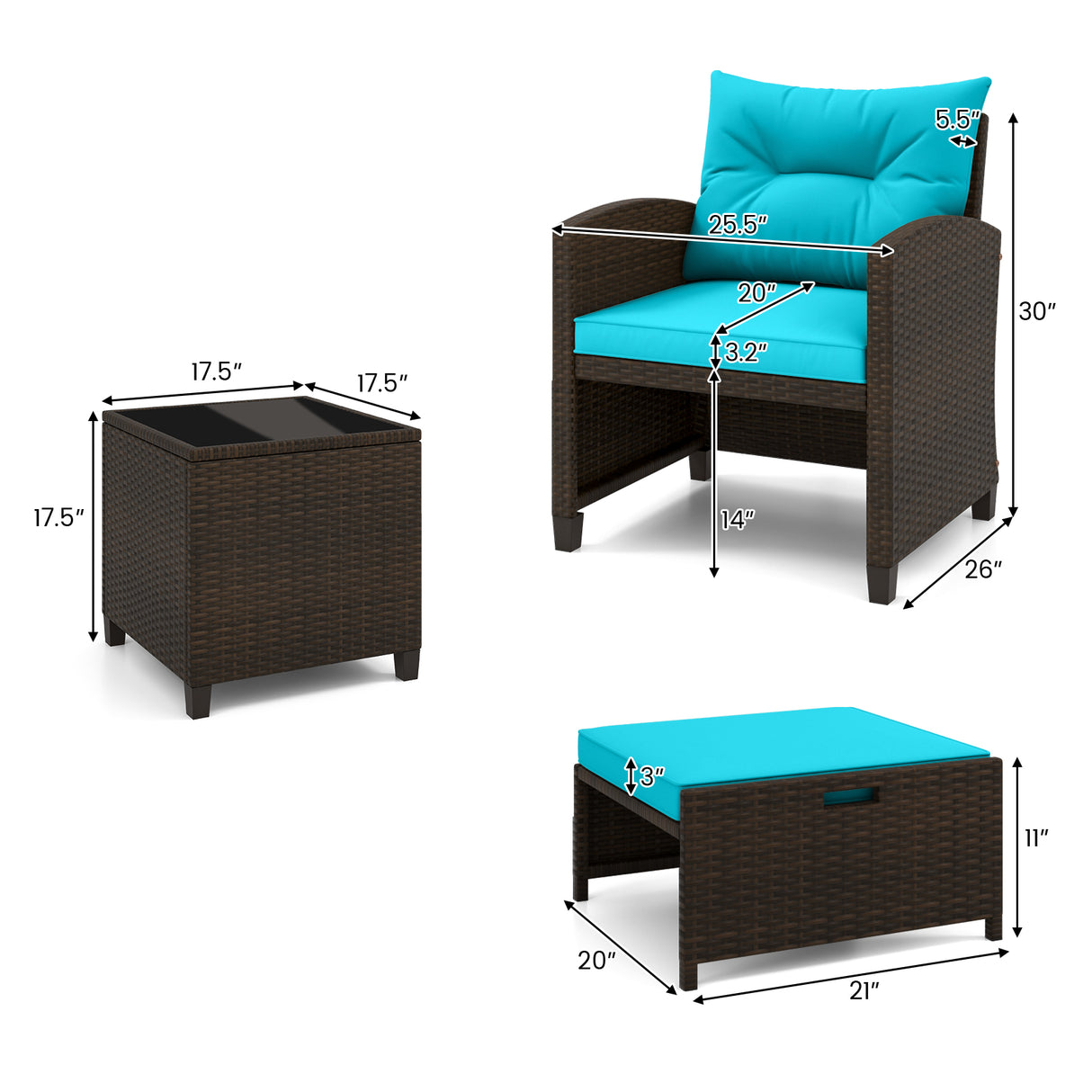 5 Pieces Patio Rattan Furniture with 2 Ottomans and Tempered Glass Coffee Table-Turquoise
