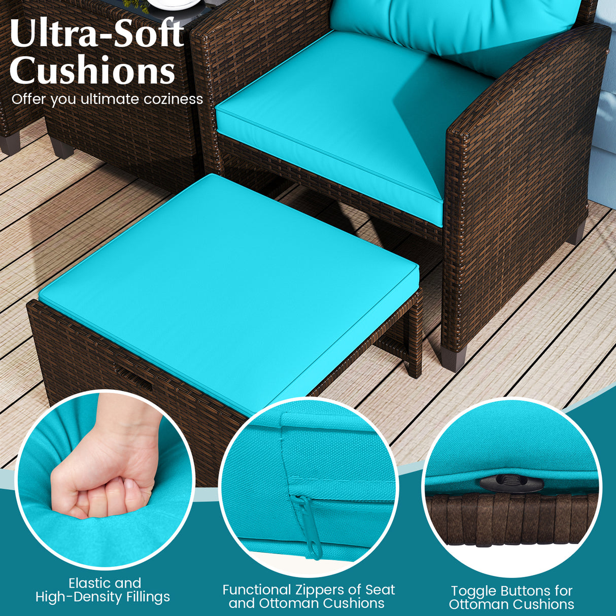 5 Pieces Patio Rattan Furniture with 2 Ottomans and Tempered Glass Coffee Table-Turquoise