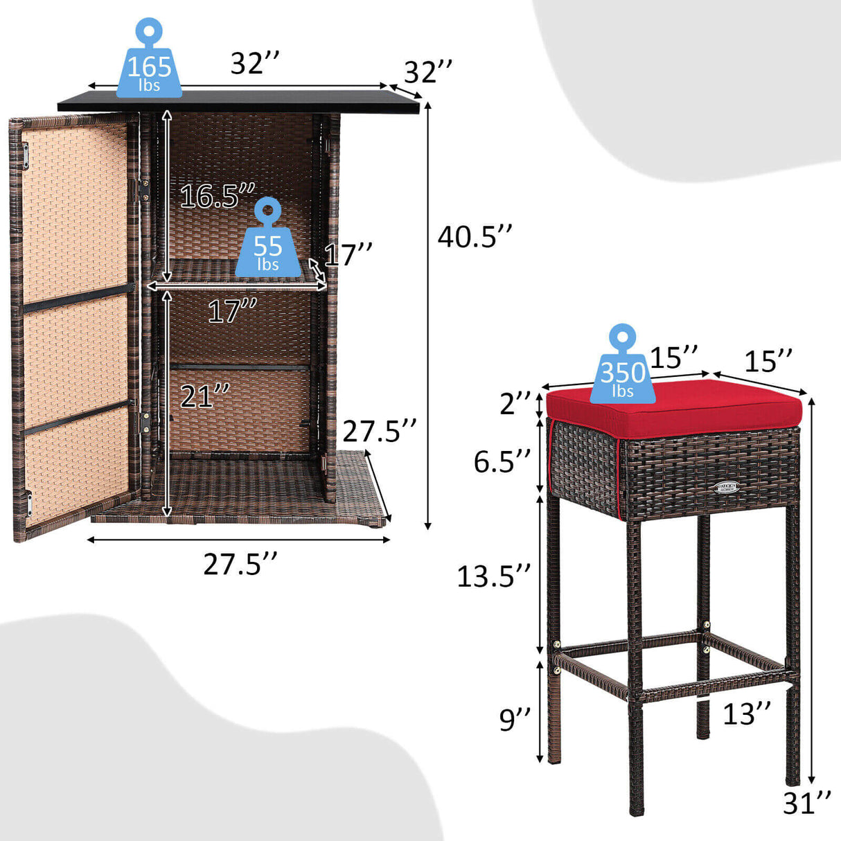5 Pieces Patio Rattan Bar Table Stool Set Hidden Storage Shelf Cushioned-White