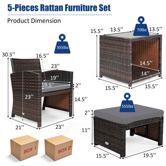 5 Pieces Patio Rattan Furniture Set with Ottoman and Tempered Glass Coffee Table-Gray